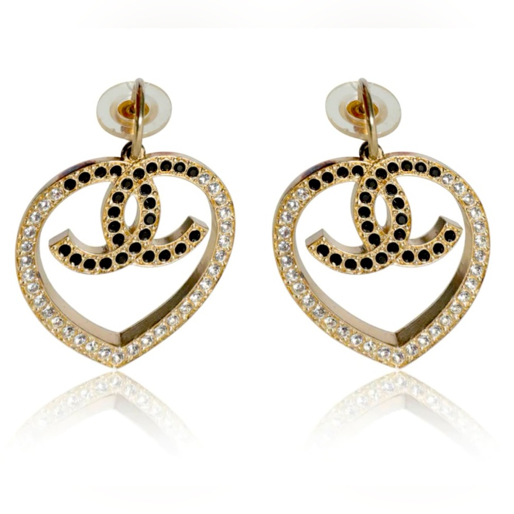 CHANEL Gold and Black Heart Shaped Hoop Earrings with CC Logo